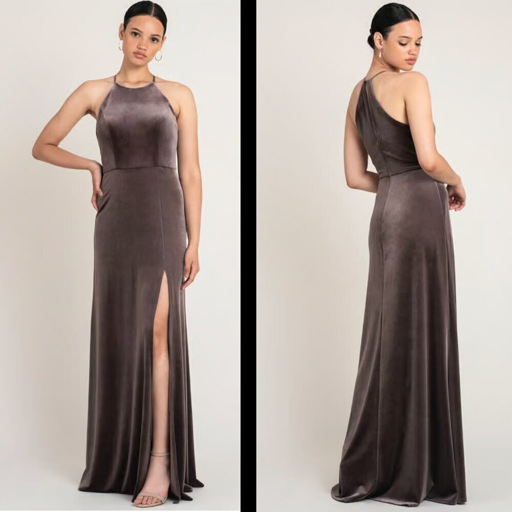 Jenny Yoo Dominique Dress Sz 10 Plum Brown Velvet Slit Wedding Cocktail Party